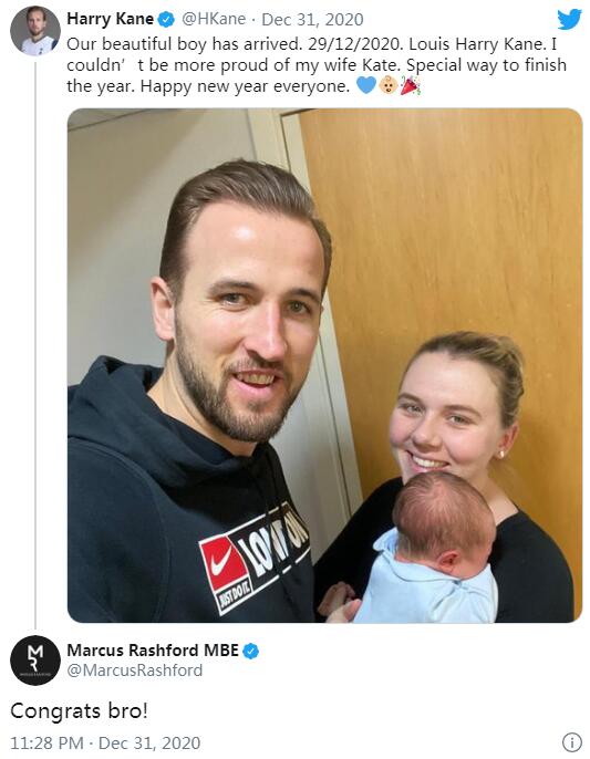 凯恩喜迎儿子降生,拉什福德点赞